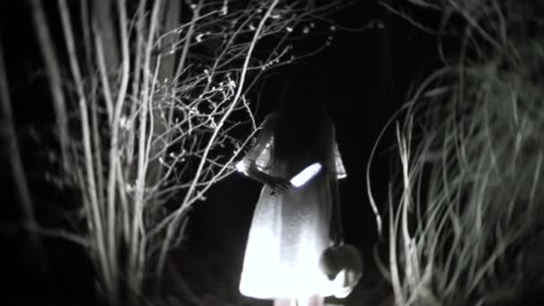 Una niña fantasma con el pelo largo y negro, en blanco, vagando por el bosque con un cuchillo y un juguete suave. 4k — Vídeo de stock