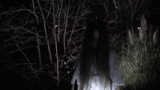 Uma menina fantasma com longos cabelos pretos, de branco, vagando pela floresta com uma faca e um brinquedo macio. 4k — Vídeo de Stock