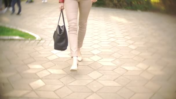 Sottili gambe femminili in pantaloni beige e scarpe col tacco alto passeggiano nel parco, in una chiara giornata di sole. 4k, rallentatore — Video Stock