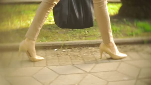 Sottili gambe femminili in pantaloni beige e scarpe col tacco alto passeggiano nel parco, in una chiara giornata di sole. 4k, rallentatore — Video Stock