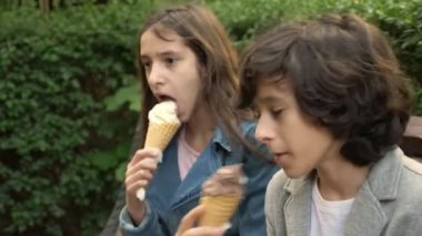 sevimli gençler, oğlan ve kız parkta dondurma yemek ve konuşmak. 4k