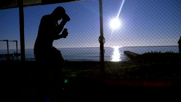 Een close-up. Superlangzame beweging. silhouet van een bokser atleet op het strand tegen de blauwe zee en heldere lucht. schaduwboksen — Stockvideo