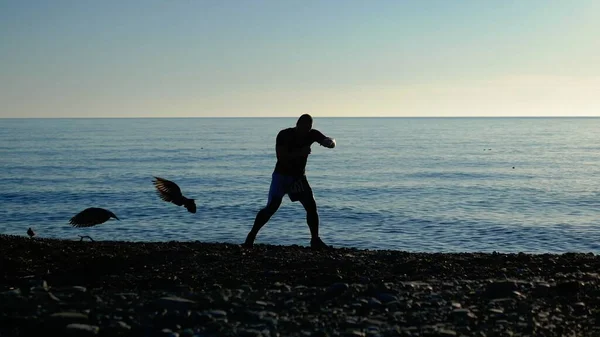 在蓝色的大海和晴朗的天空的映衬下，一位拳击运动员在海滩上的轮廓。 影子拳 — 图库照片