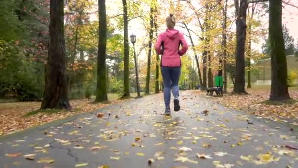 소나기 끝나고 가을 파크에서 달리는 운동 선수 소녀. 뒷모습 — 비디오