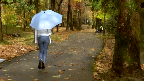 Karcsú nő fehér bőrdzsekiben és farmer sétál az őszi parkban egy kék esernyővel az esőben — Stock videók