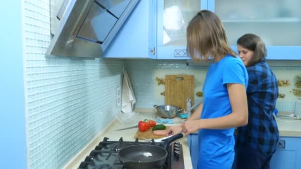 Dos chicas, familia lesbiana preparando comida en la cocina en casa — Vídeo de stock