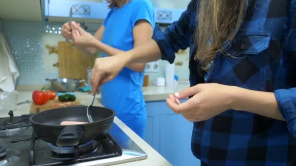 Две девочки, семья лесбиянок готовит еду на кухне дома — стоковое видео