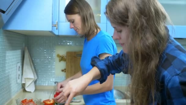 두 소녀, 레즈비언 가족 가집 부엌에서 음식을 준비하고 있는 모습 — 비디오