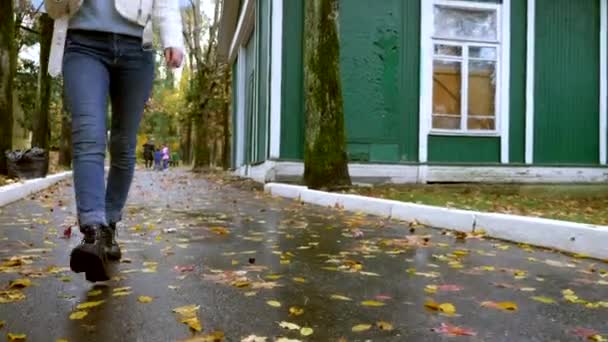 Stylish blond woman with short hair walks in the Park with umbrella — ストック動画