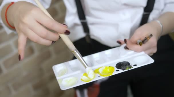 Primer plano. Las manos. artista chica mezcla pinturas al óleo en la paleta — Vídeos de Stock