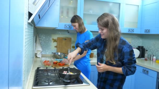 Duas meninas, família lésbica preparando comida na cozinha em casa — Vídeo de Stock