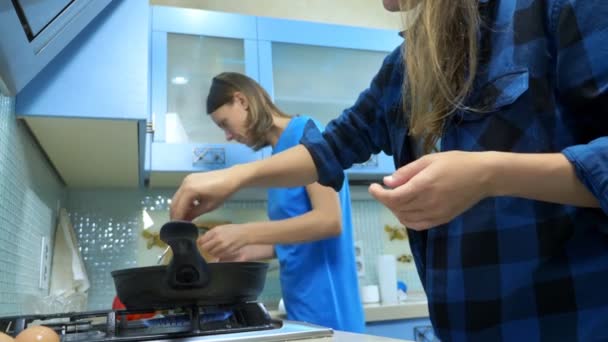 Dos chicas, familia lesbiana preparando comida en la cocina en casa — Vídeos de Stock