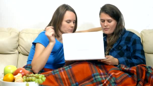 Duas meninas se sentam juntas no sofá na sala de estar e usando laptop — Vídeo de Stock