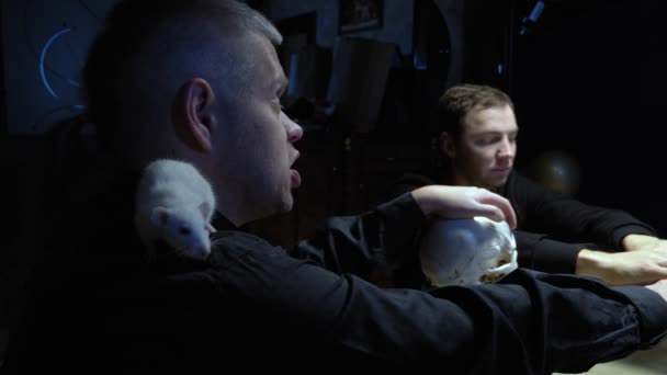 Una sesión de espiritualismo. un mago con una rata blanca en su hombro lanza un hechizo — Vídeos de Stock
