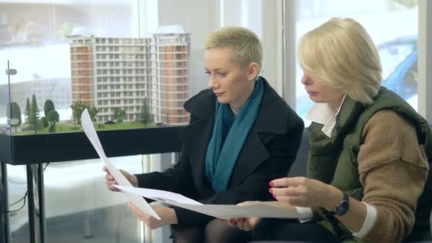 Две женщины разговаривают, сидя в офисе перед ноутбуком — стоковое видео