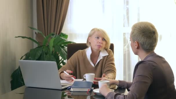 Twee vrouwen praten terwijl ze in een kantoor voor een laptop zitten — Stockvideo