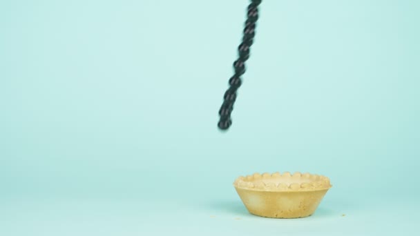 Fashion art. minimalism. the black beads fall into the tartlet. blue background — Stock Video