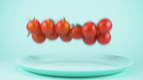 Tomates de cereja em um ramo que cai em um prato azul. fundo azul — Vídeo de Stock