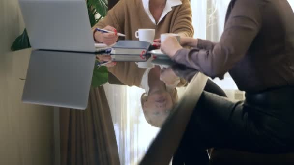 İki kadın bir ofiste dizüstü bilgisayarın önünde oturmuş konuşuyor. — Stok video