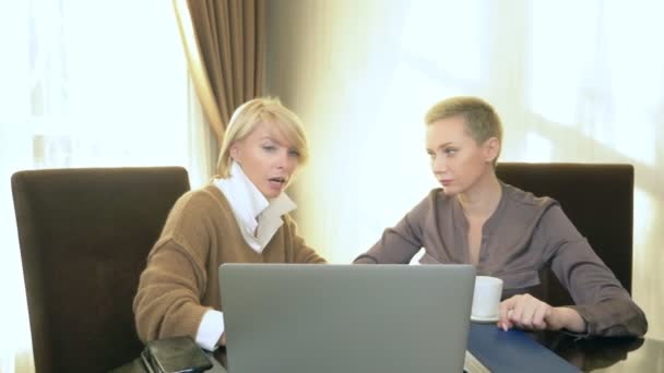 Zwei Frauen reden, während sie in einem Büro vor einem Laptop sitzen — Stockvideo