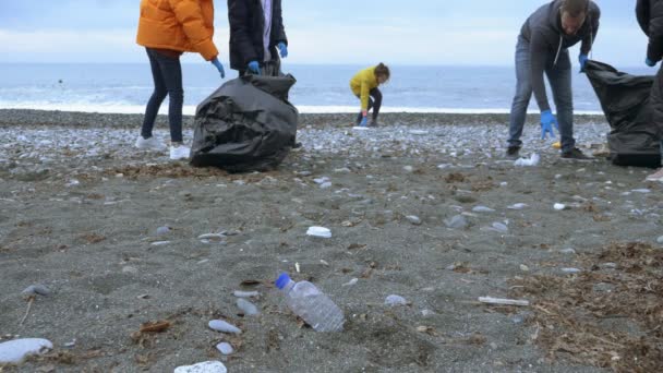 Vrijwilligers ruimen afval op op het strand op in de herfst. milieuvraagstukken — Stockvideo