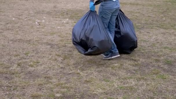 Problemas medioambientales. un grupo de voluntarios saca la basura en el bosque — Vídeo de stock