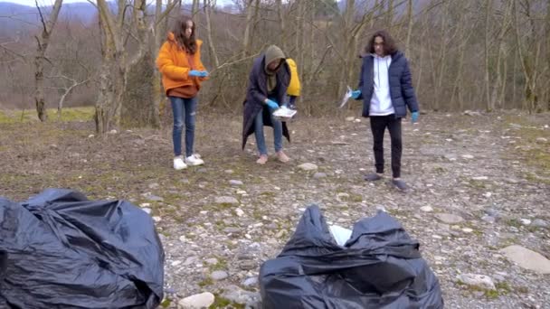 Miljöproblem. en grupp frivilliga tar bort skräp i skogen — Stockvideo