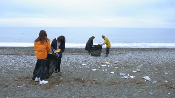 Vrijwilligers ruimen afval op op het strand op in de herfst. milieuvraagstukken — Stockvideo