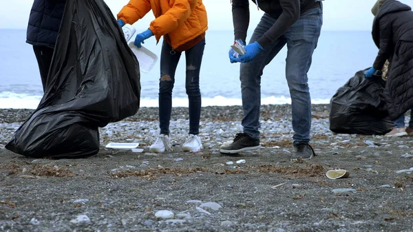 volunteers clean up trash on the beach in the fall. environmental issues