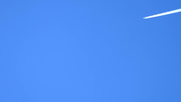 Repülőgép és repülőgép nyomvonal magasan a tiszta kék ég — Stock videók