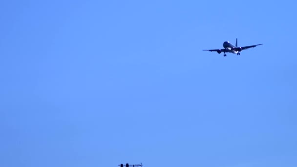 Avión en cielo azul claro está aterrizando. liberando el chasis. espacio de copia — Vídeo de stock