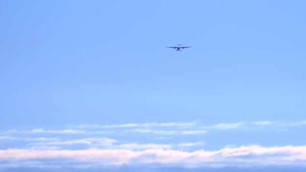 L'aereo in cielo azzurro sta atterrando. Rilascio il telaio. copia spazio — Video Stock