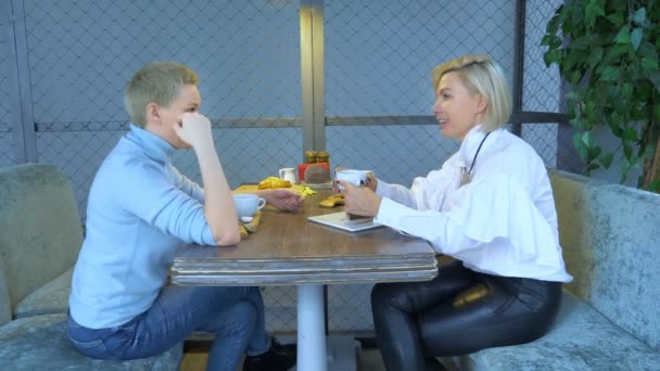 İki güzel stil sahibi kadın bir kafede oturarak iletişim kuruyor. — Stok video