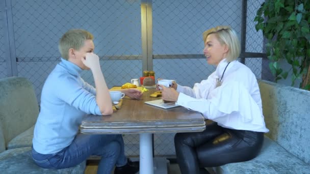 Twee mooie stijlvolle vrouwen blondjes communiceren zittend in een cafe — Stockvideo