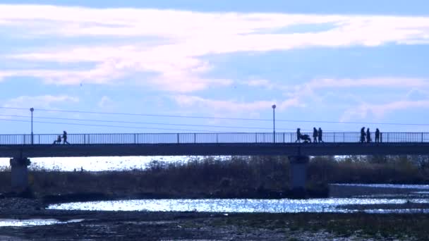 Sziluettek. gyalogos híd a folyó felett a folyó torkolatánál — Stock videók