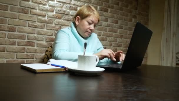 Oudere vrouw aan het werk, met behulp van de laptop in de loft. — Stockvideo