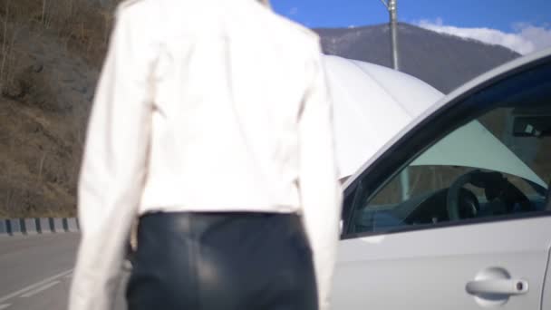Две девушки заряжают аккумулятор в машине, стоящей на обочине дороги — стоковое видео