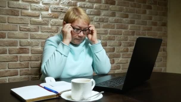 Oudere vrouw aan het werk, met behulp van de laptop in de loft. — Stockvideo