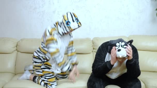 Metafor, humor. mann og kone kostymer katter og hunder slåss på sofaen . – stockvideo
