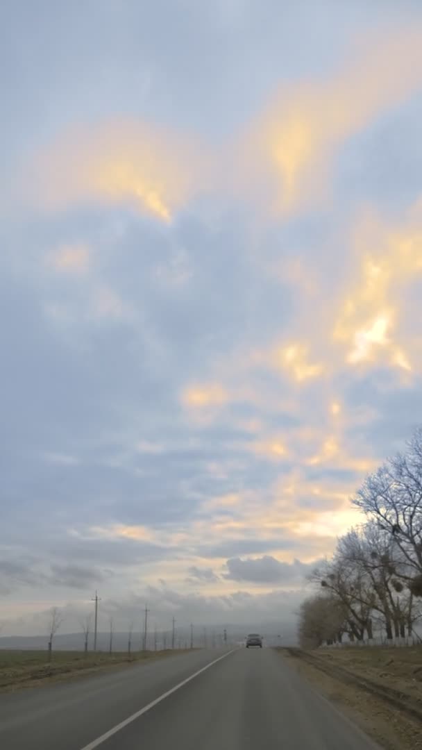 Výhled z okna auta. prázdná cesta mezi poli, modrá obloha a mraky — Stock video