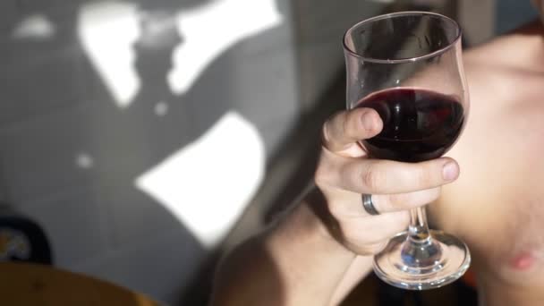 Primer plano. una copa de vino tinto en la mano del hombre. fiesta en el patio trasero — Vídeos de Stock