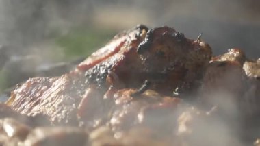 Yakın plan. Duman altında ızgara kömür. piknik.