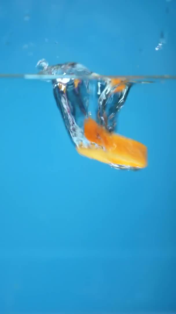 縦だ。刻んだニンジンは水の中に落ちます。青の背景. — ストック動画