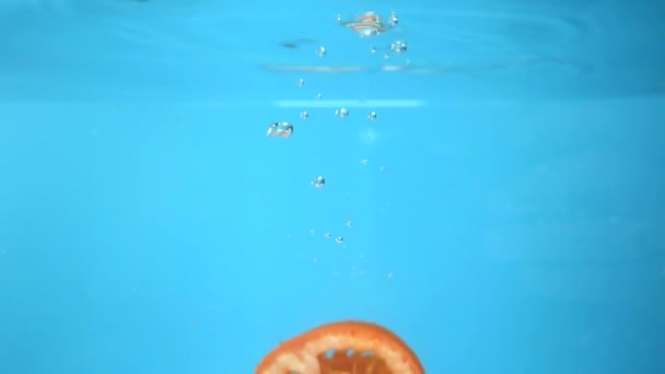 Tomates picados caen en el agua. fondo de cocina azul — Vídeo de stock