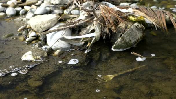 Экологические проблемы. мусор на берегу. копировальное пространство — стоковое видео