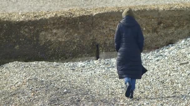 Mujer de abrigo caminando por la playa de guijarros. espacio de copia — Vídeo de stock