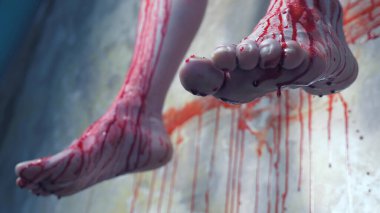 Yakın plan. Kanlı bir duvarın arkasında asılı bir adamın kanlı bacakları.