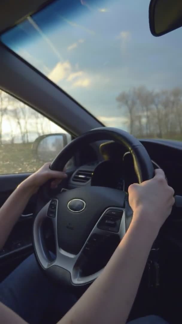 Verticaal. vrouwelijke handen op het stuur van een auto tijdens het rijden — Stockvideo