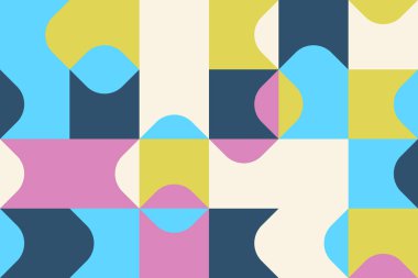 Basit şekiller ve parlak ve canlı renklerden oluşan soyut geometrik vektör deseni. Geometrik kompozisyon, web tasarımı için kullanışlı, kartvizit, davet, poster, tekstil baskısı, arkaplan.