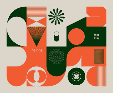 Geçmişe dönük parlak neon renkli geometrik şekilli vektör soyut sembolleri, web arkaplanı, poster sanat tasarımı, dergi ön sayfası, yüksek teknoloji baskısı, kapak resmi.